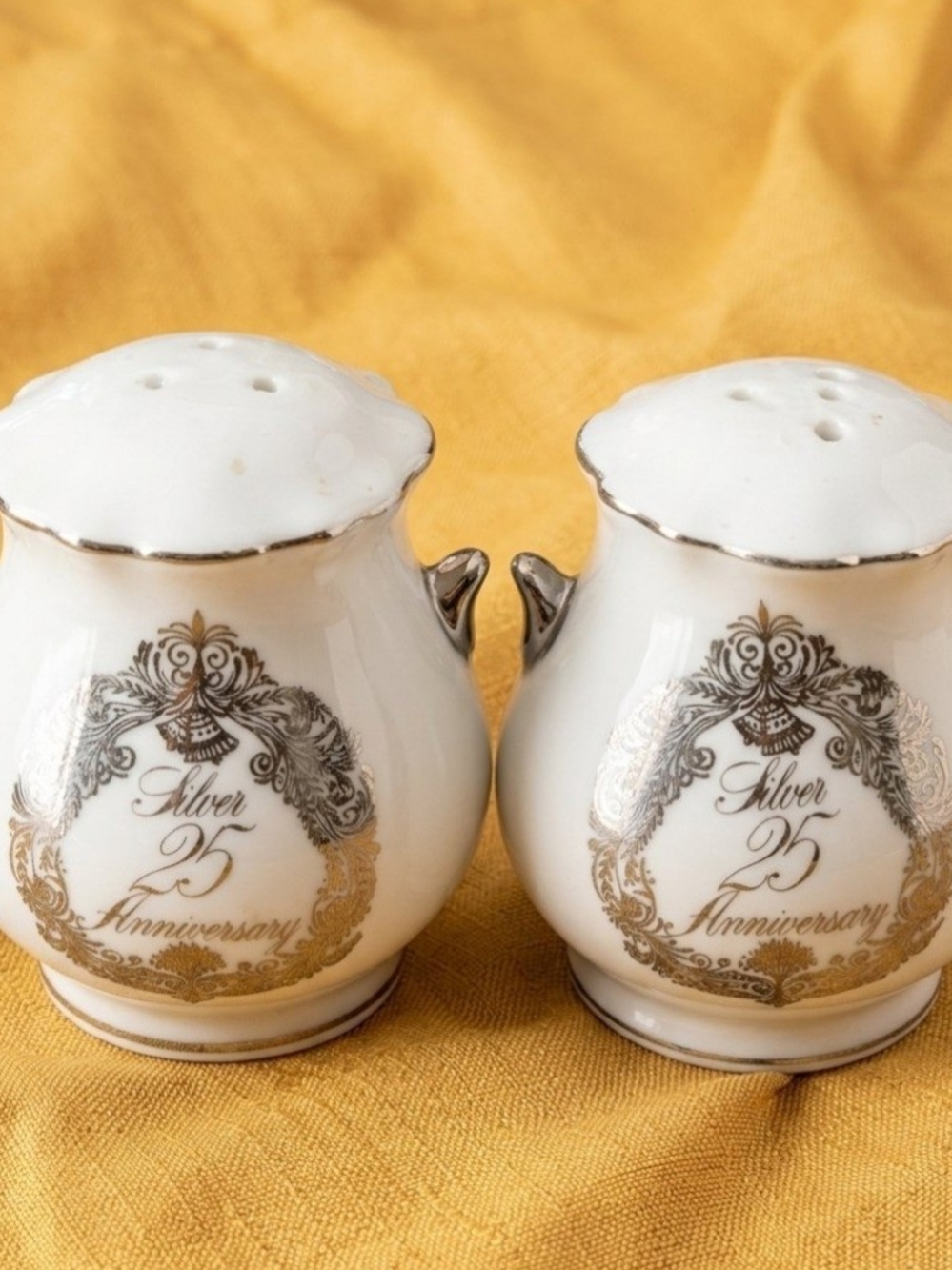 White Porcelain 25th Anniversary Salt & Pepper Shaker Set with Silver Trim